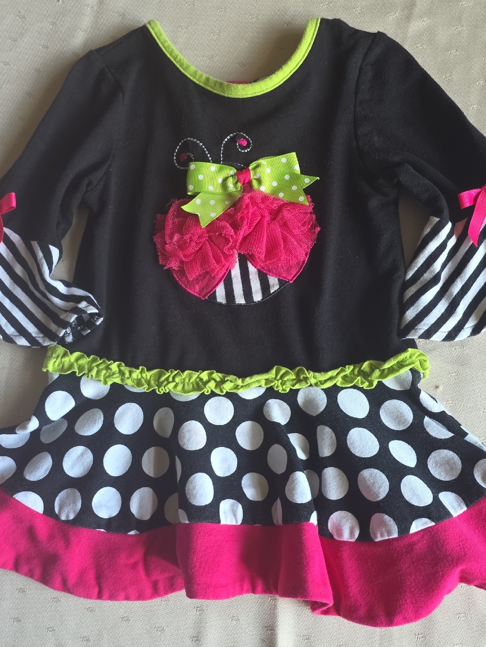 Rare Editions Black Hot Pink Lime Green Polka Dot Ladybug Dress